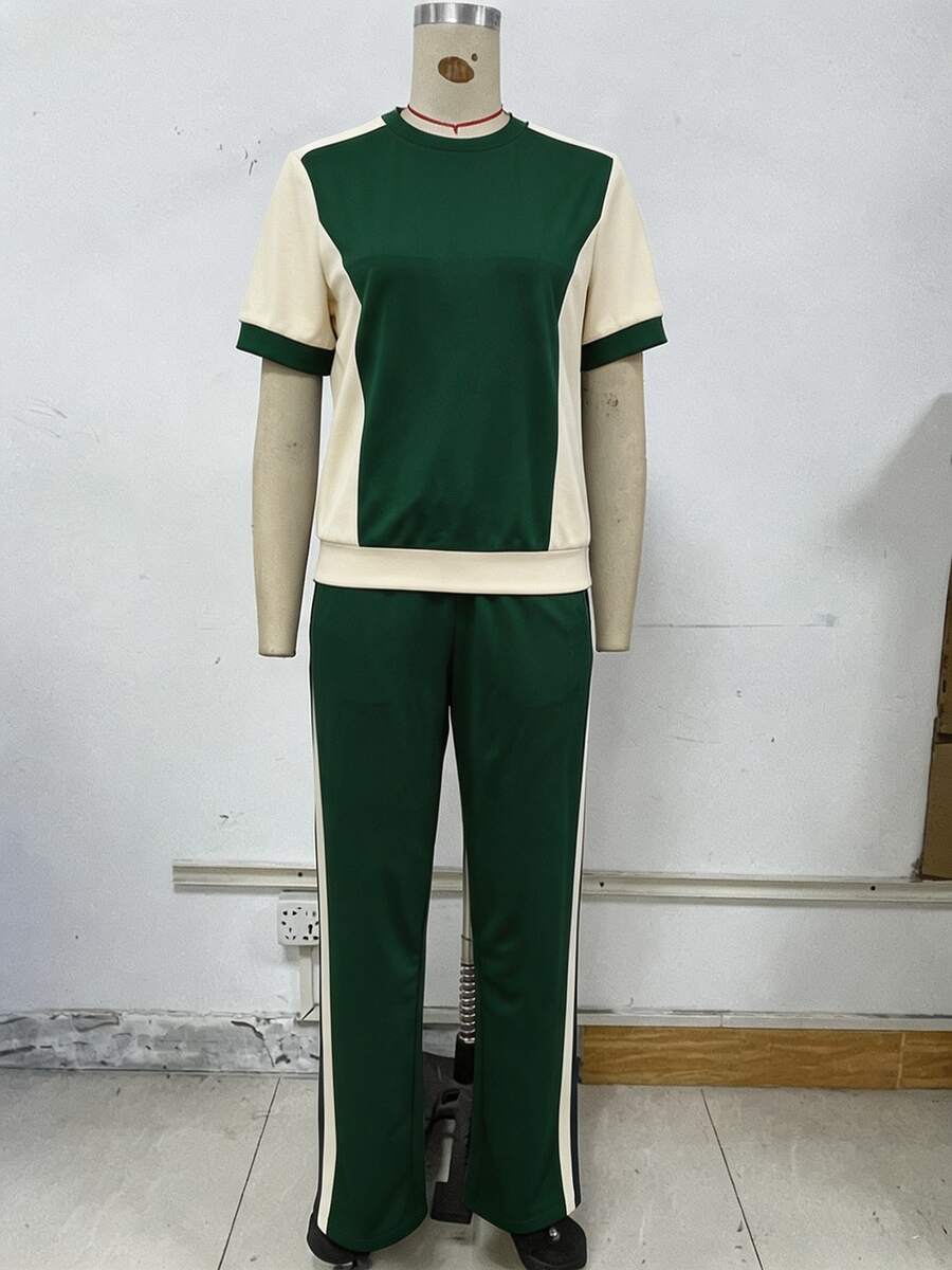 春夏女款新款休閒百搭拼色學院風圓領短袖上衣與高腰寬鬆直筒長褲2件套,T恤與拼色長褲套裝,度假穿搭,旅行穿搭,海灘風,極簡度假穿搭 - 墨綠色 - 查看 1