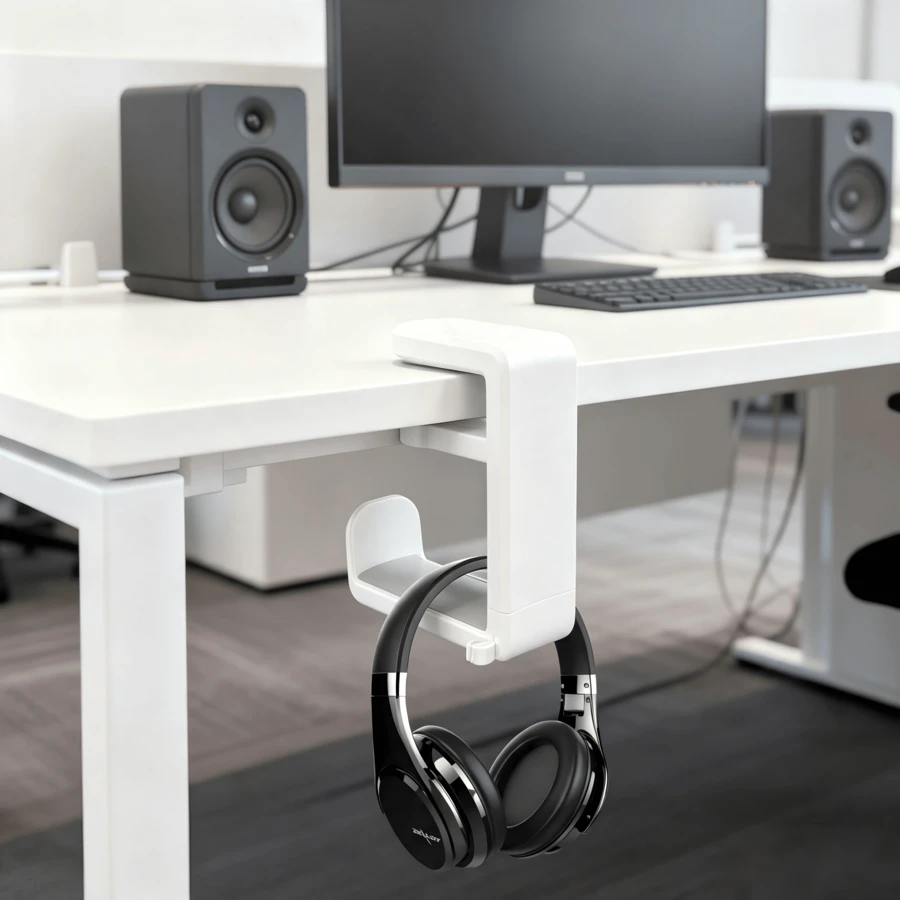 360° Rotating No-Drill C-Clamp Headphone Stand, Minimalist Fashion Design, Plastic Material, With Cable Management Slot, Anti-Scratch Curved Hook, 4.53 Inches High, Supports Up To 2.2 Lbs - Multicolor - View 1