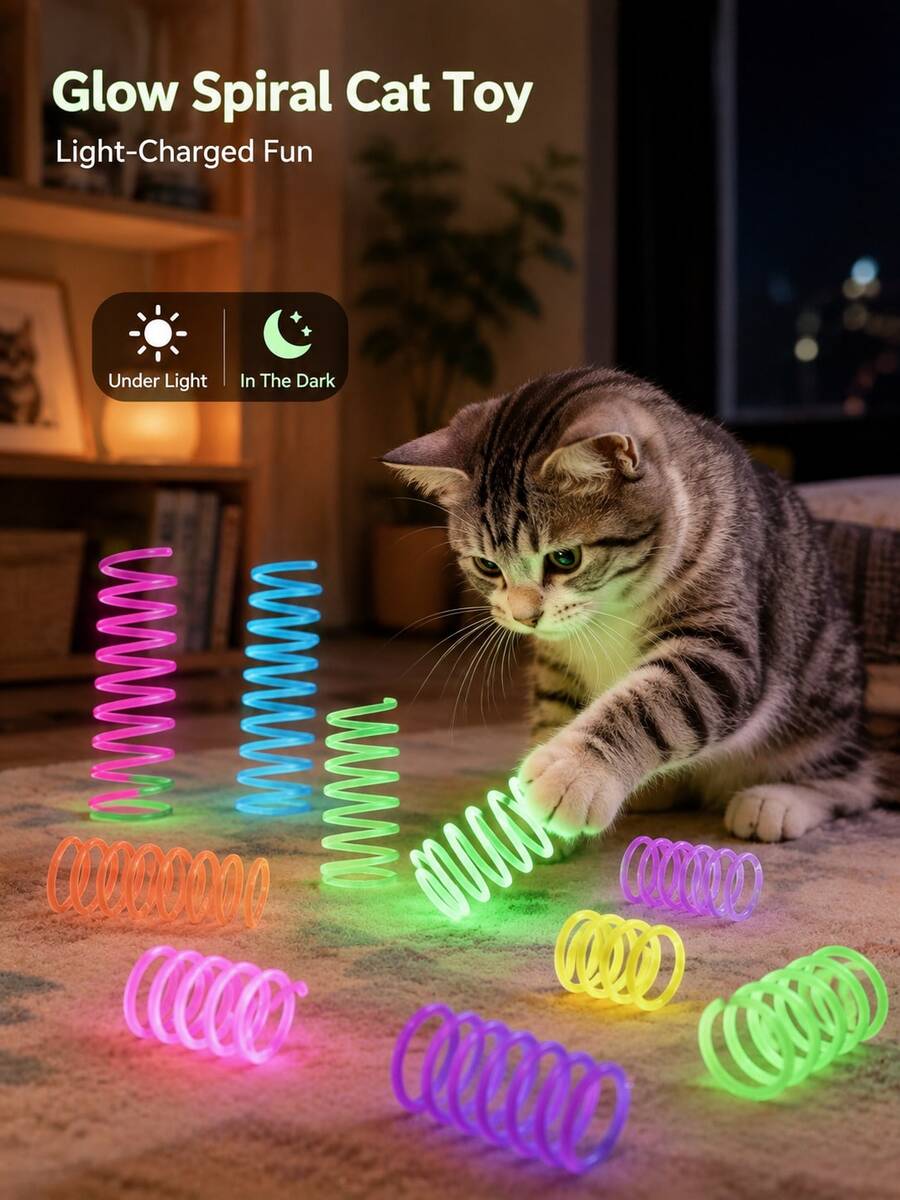 Spiral Spring Cat Toy, Mini Spiral Coil Spring Shape, Multicolor Glow In Dark Design, Stretchable High Rebound Interactive Bite & Bat Play, Indoor Bedroom Living Room Night Solo Play For Kitten Adult Cats, All Year Round Pet Daily Entertainment