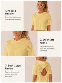 Sodalemon Women's Solid Color Hooded Deep U-Neck Backless Hollow-Out Drop Shoulder Drop Shoulder Short Home Cover-Up Top - Yellow - View 3