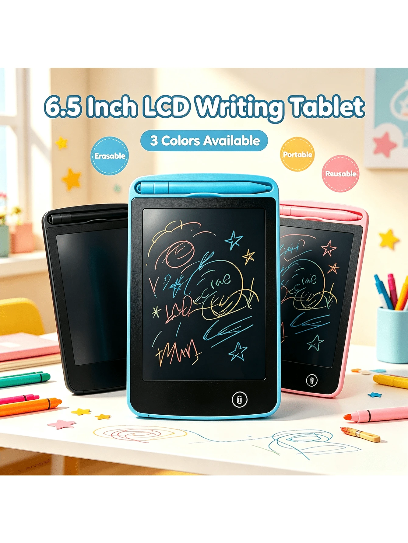 6.5 Inch Electronic Writing Tablet, Doodle Board, Portable Erasable Drawing Board, Reusable Writing Pad, Suitable For Arts And Crafts, Home, School And Office - Multicolor - View 1