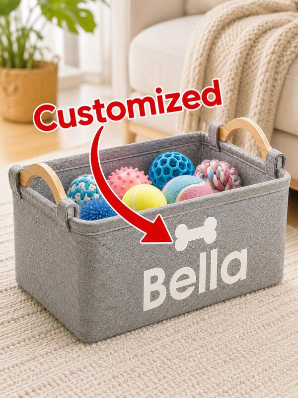 Customized Pet Toy Storage Basket - Foldable Multi-Functional Organizer Box, Personalized Dog Toy And Clothing Storage Bin. Thickened Removable And Washable Lining, Wooden Handles. Essential Pet Storage.