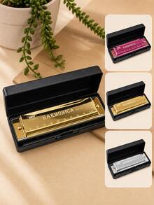 Classic Musical Instrument & Accessories Hard Case With Numbered Holes, Bright Gold Brass Musical Instrument And Wind Instrument, Beginner Pocket Size Alloy Harmonica Toy, Suitable For Camping, Travel, Stage Concerts - Multicolor - View 4