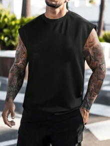 Men's Summer Casual Solid Color Round Neck Tank Top - Black - View 7