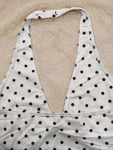 Women's Sleeveless Backless Polka Dot Knit Cropped Top Vacation Summer - Black and White Polka Dots - View 10