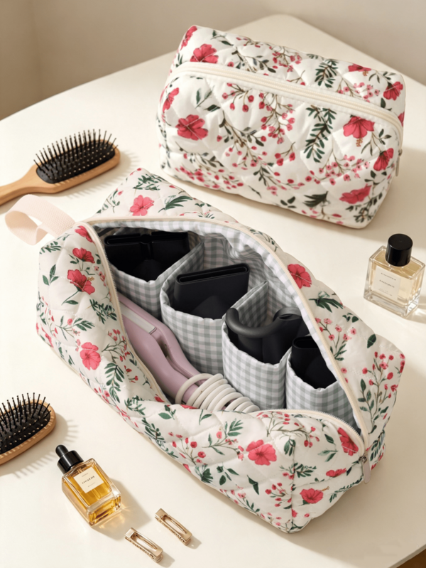 Quilted Floral Hair Dryer Storage Bag, Cute Solid Color Fluffy Makeup Bag, Internal Compartment Fixed Design, Curling Iron Storage Bag, Hair Clip Storage Bag, Makeup Bag, Jewelry Storage Bag, Travel Zipper Small Bag, Multi-Functional Storage Bag With Handle, Hair Dryer Holder, Hair Styling Tool Storage Bag, Styling Tool Bag, Portable Travel Storage Bag, Suitable For Cosmetics, Skincare Products, Curling Irons