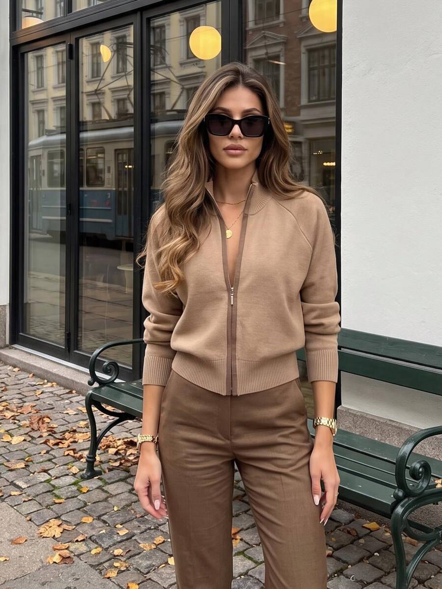 Women's Autumn Stand Collar Zip-Up Knit Cardigan, Raglan Long Sleeve Slim Fit Solid Color Casual Short Sweater Jacket Fall - Camel - View 1