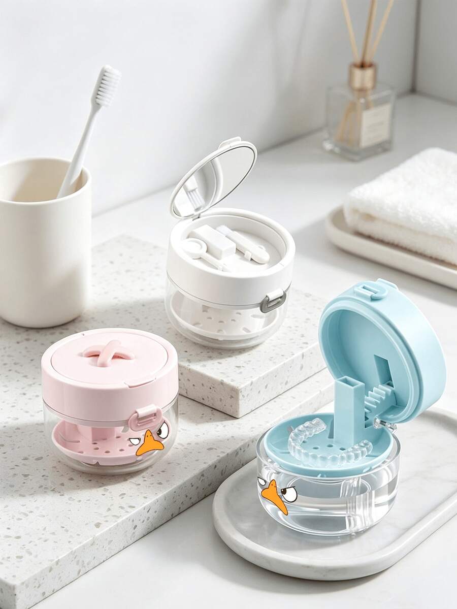 Leak-Proof Denture Travel Storage Box, Portable Soaking Cleaning Box With Drain Tray, Suitable For Retainers, Mouthguards, Travel Oral Care Accessories