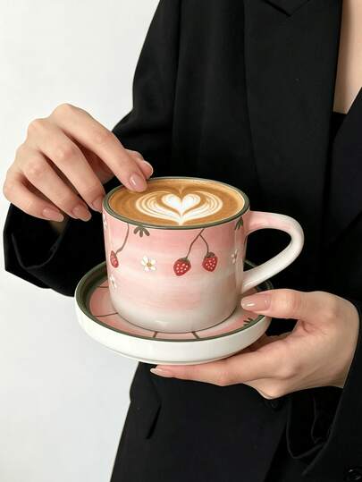 1 Set Beautiful Vine & Flower Cup And Saucer Set, Exquisite Hand-Painted Strawberry Coffee Cup, Dessert & Snack Plate, Breakfast Milk Cup, Housewarming Gift, Office Coffee Cup, Suitable For Home, Restaurant, Cafe, Dessert Shop, Gift Giving, Gathering, Party