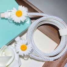 1 Set TPU Flower Data Cable Protector, Protects Data Cable, Made Of Durable ABS Material - Compatible With Apple 18W/20W Charger, Protects Charging Phone Cable From Damage - White Wilted Daisy - View 6