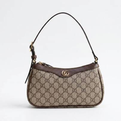 GUCCI Vintage Monogram Print Underarm Shoulder Bag For Women, Retro Brown Faux Leather Trim Mini Hobo Handbag, Casual Daily Zipper Purse With Adjustable Thin Strap