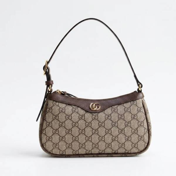 GUCCI Vintage Monogram Print Underarm Shoulder Bag For Women, Retro Brown Faux Leather Trim Mini Hobo Handbag, Casual Daily Zipper Purse With Adjustable Thin Strap
