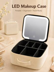 LED Makeup Mirror Cosmetic Bag, Large Capacity Cosmetic Storage, 3 Color Lights, Dimmable Touch Control, Adjustable Dividers, Portable Travel Cosmetic Organizer, Skincare, Brushes & Cosmetics, Gift For Girls And Women - Multicolor - View 12