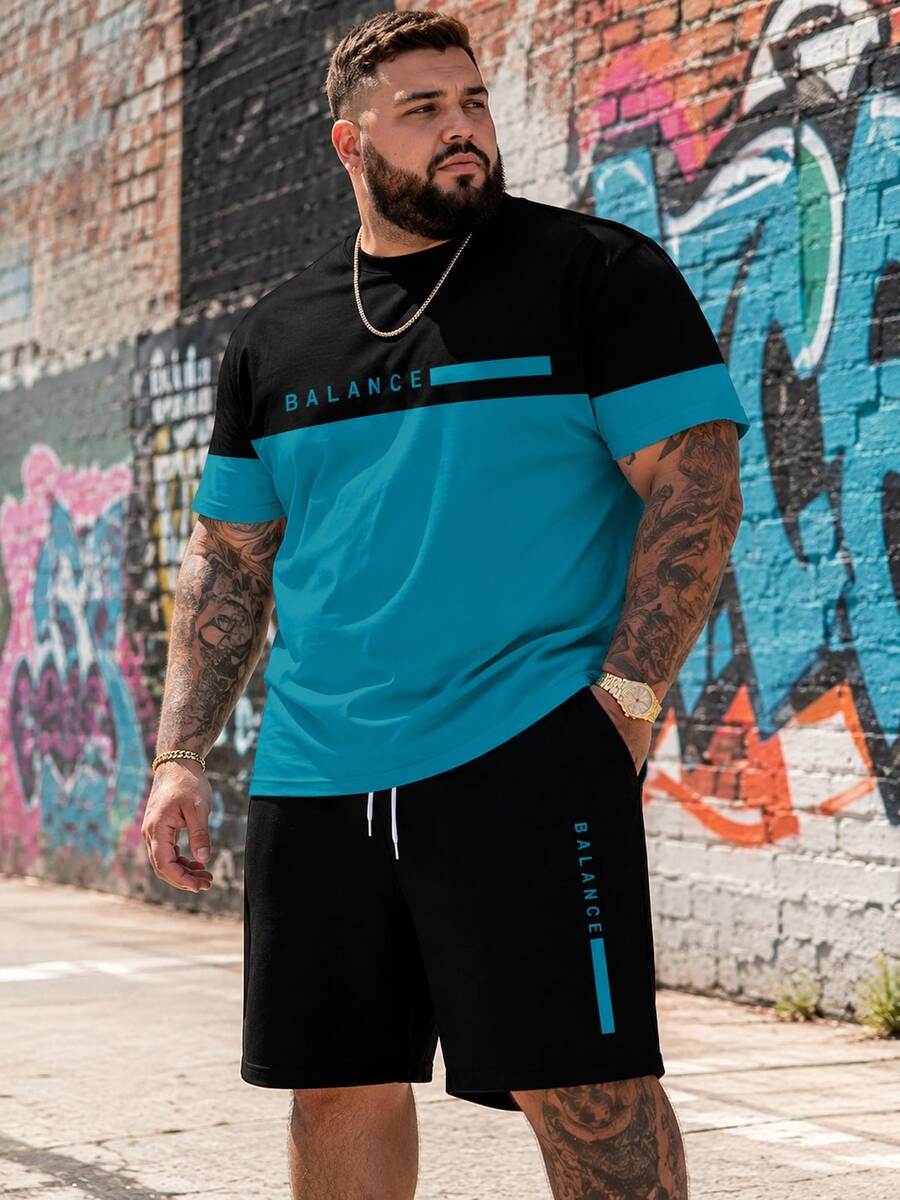 Men's Casual Sports Set - "Minimalist Contrast Color Matching BALANCE Plaid" Pattern Design, Polyester Knit Fabric, Round Neck, Drawstring Shorts, Pockets, Regular Fit, Suitable For Plus Size - Mint Green - View 1