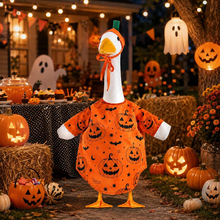 Halloween Porch Goose Outfit Pumpkin Goose Costume For Outdoor Lawn Decor | For 23" Lawn Plastic/Cement Statue, Courtyard Garden Patio Yard Decoration - Type a - View 1