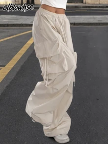 高腰翻盖口袋抽绳腰带松紧裤脚褶裥休闲阔腿降落伞工装裤 春季 - 杏色 - 查看 1