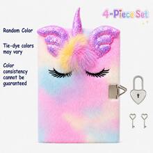 Cute Rainbow Unicorn Faux Fur Diary, Locked Notebook, Fluffy Kawaii Style Notebook With Shiny Sequin Unicorn Horn And Wings, Stud, First Day Of School - Multicolor - View 6