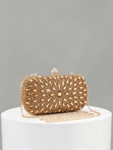1pc Gold Full Rhinestone Hard Shell Evening Clutch, Horse Eye Rhinestone Radial Pattern, Spherical Rhinestone Bead Lock, Heavy-Duty Rhinestone Craft, With Detachable Chain, Suitable For Wedding, Banquet, Party, Dress Matching - Gold - View 2