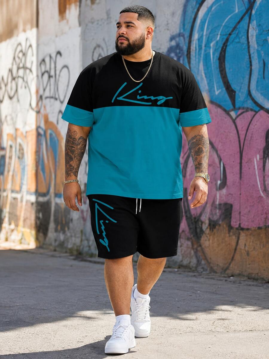 Men's Street Casual Sports Set With "Contrast Color KING" Graphic Design - Made Of Polyester Knit Fabric, Round Neck, Drawstring Shorts, Pocket Details, Regular Fit, Suitable For Plus Size - Army Green - View 1