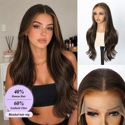 Wig Lace Front 13x4 Rambut Manusia Gelombang Tubuh Highlight Campuran Cokelat Wig Rambut Kepadatan 150% Wig Lace Frontal Transparan Tahan Panas Membingkai Wajah Wig Campuran Sintetis untuk Wanita
