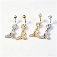 4Pcs Y2K Mermaid Tail Stainless Steel Belly Button Ring, Inlaid Zirconia Pearl Dangle Belly Piercings Jewelry For Women, Daily Wear Party Holiday Gift - Multicolor - View 3
