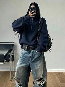 女款寬鬆版型長袖半拉鍊立領運動衫，秋冬款 - 藏蓝色 - 查看 1