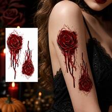 4 piezas de pegatinas de tatuaje temporal de rosa de sangre de Halloween, patrón de rosa gótica oscura con goteo, arte corporal unisex para cosplay, fiesta, actuación, decoración, brazo, muñeca, clavícula, accesorios para fotos, estilo oscuro, efecto de gota de sangre 3D, fiesta de verano, festival de música, rosa sangrienta de terror oscuro unisex, efecto fotográfico de atmósfera fuerte - Multicolor - Ver 4