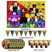 Roblox Set Dekorasi Pesta 31 Buah, Termasuk Latar Belakang 100x150cm, 10 Banner Segitiga, 10 Gelas Kertas, 10 Piring Kertas, Set Peralatan Makan Sekali Pakai, Banner Segitiga Warna-warni, Perlengkapan Pesta Ulang Tahun, Dekorasi Perayaan - A - View 7