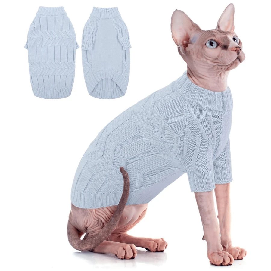 Cat Sweater, Soft And Warm, Suitable For Puppies, Kittens And Small Dogs; Thick Knit Style, Specially Designed For Sphynx Hairless Cats, Teacup Poodles And Extra Small Dogs. - Blue - View 1