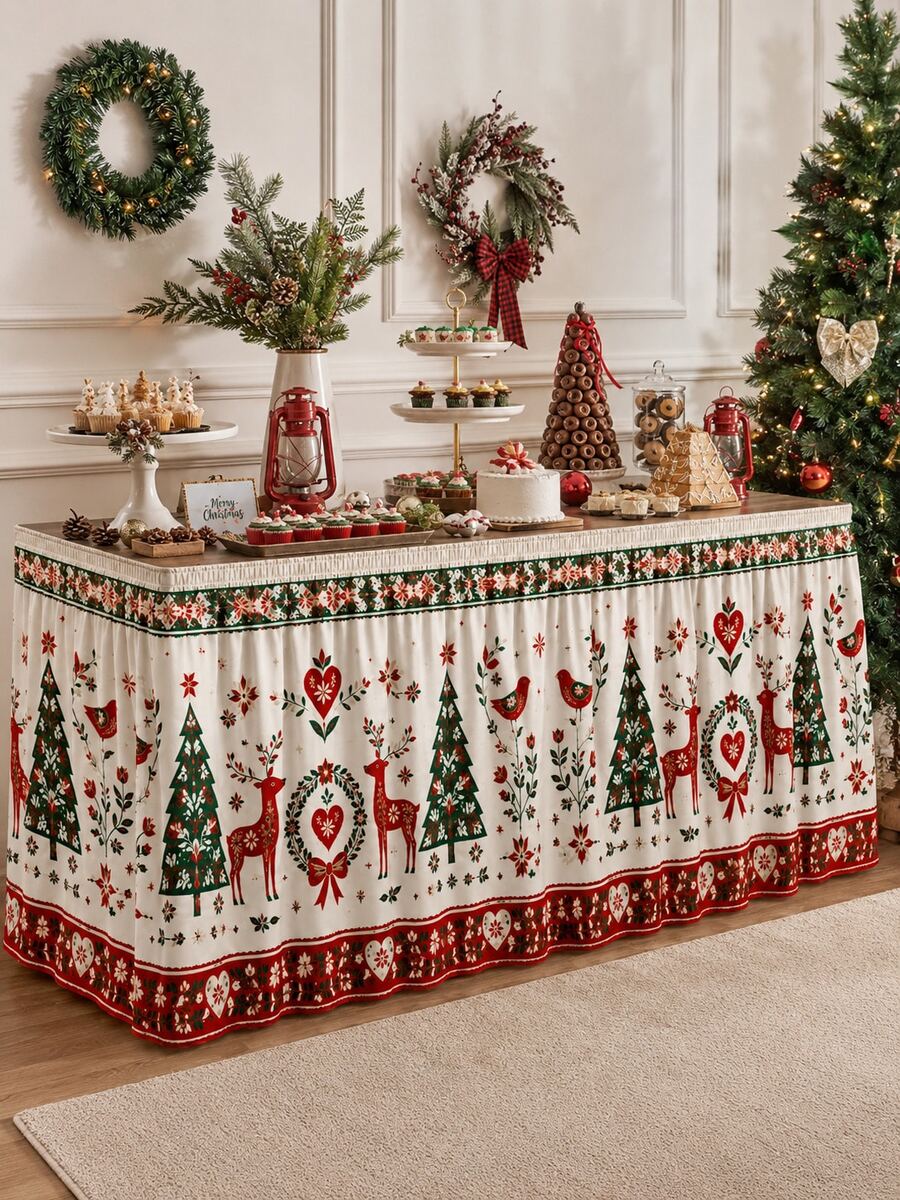 1pc Christmas Reindeer Christmas Tree Table Skirt, Nordic Country Style Polyester Red & Green Folk Floral Print Rectangular Buffet Dessert Table Cover, Suitable For Christmas Dinner, Holiday Party, New Year Home Decor - Multicolor - View 1