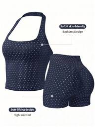 2pcs Set Polka Dot Seamless Halter Neck Cropped Tank Top + High Waist Bodycon Cycling Shorts, Women's Elastic Fitness Yoga Gym Workout Sports Summer