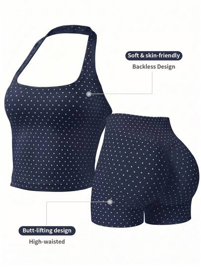 طقم قطعتين توب قصير بدون خياطة برقبة هالتر بنقشة بولكا دوت + شورت دراجات ضيق بخصر عالي، ملابس رياضية مرنة للنساء للياقة البدنية واليوغا والجيم والتمارين