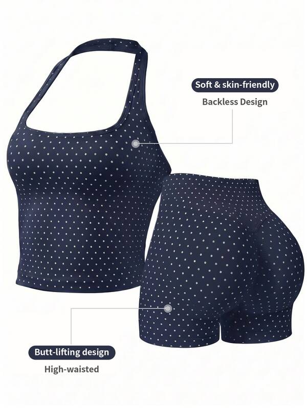 Conjunto de 2 piezas Top corto sin costuras con cuello halter y lunares + Shorts de ciclismo ajustados de cintura alta, Elástico para fitness, yoga, gimnasio, entrenamiento, deportes de verano para mujer