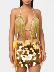 Sequin Fringe Halter Bra Large Sequin Tie Hip Skirt Latin Dance Stage Party Outfit (Multiple Colors Available) - Multicolor - View 15