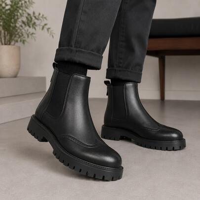 Men's Ankle Boots Thick Sole Height Increasing Brogue Carved Boots British Casual Business Workwear Versatile Cylinder Boots