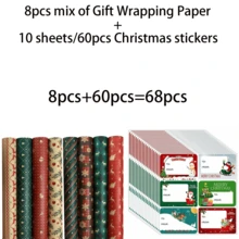 34/68/106pcs Christmas Gift Wrapping Paper Santa, Snowflake, Stripe, And Christmas Tree Designs, Includes Christmas Stickers - Multicolor - View 10