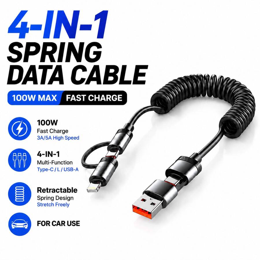 BWVV Kabel CarPlay Mobil 4-in-1, Kabel Pengisian Cepat USB A ke USB C Spiral, 4,92 kaki, Kompatibel dengan Ponsel, Tablet, Laptop, dan Perangkat Pintar Lainnya, Kabel Mobil yang Dapat Ditarik Otomatis - Hitam - View 1