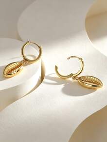 Charm-In 18K Gold Plated Copper Cowrie Shell Huggie Hoop Earrings, Textured Shell Dangle Earrings, Summer Beach Ocean Jewelry For Women Daily Wear - Gold - View 6