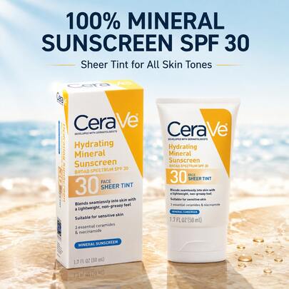 CeraVe Hydrating Mineral Sunscreen Face Sheer Tint SPF 30 | 100% Physical Zinc Oxide & Titanium Dioxide Sunscreen With 3 Essential Ceramides | Tinted Moisturizer For All Skin Tones, Fragrance-Free, 1.7 Fl Oz (50ml)