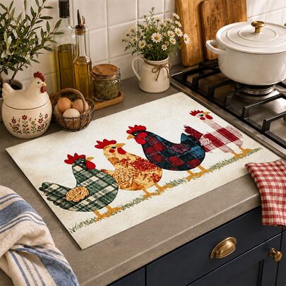 1pc Beige Plaid Rooster Pattern Kitchen Table Mat, Country Farmhouse Style Rectangular Design, Suitable For Kitchen Countertop, Stove Side, Dining Area, Daily Home Decor, Spring/Autumn, Farm Theme Party, Thanksgiving And More