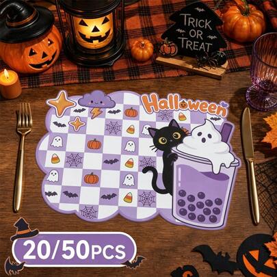 20/50 piezas Manteles de papel a cuadros morados de Halloween, adecuados para la decoración de la mesa de fiesta de Halloween, estilo de dibujos animados lindo, decoración de mesa de papel, decoración de eventos y fiestas