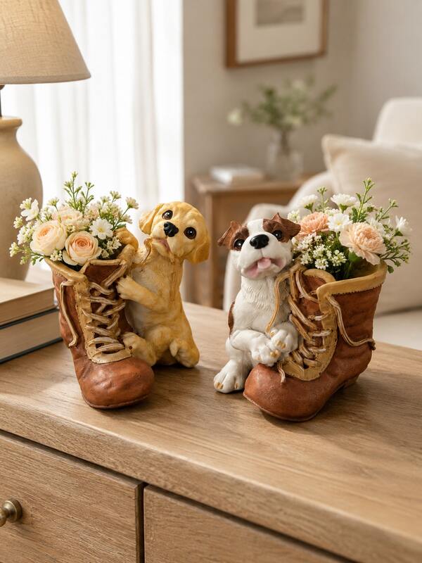 Mini Dog Boot Vase, Cute Puppy Flower Vase, Animal Decorative Vase, Small Desktop Flower Holder, Rustic Home Decor For Living Room Bedroom Office Shelf Table, Succulent Planter, Housewarming Birthday Gift