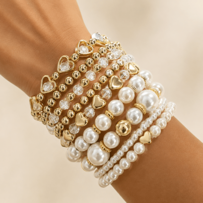 Gold Tone Beaded Bracelet Set For Women, Faux Pearl & Heart Charm Stackable Stretch Bracelets, Layered Fashion Jewelry For Daily Wear, Party & Gift