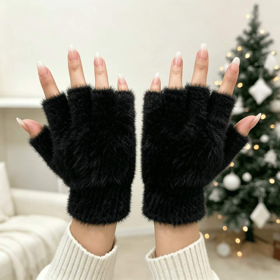 1 Pair Women's Fingerless Knitted Plush Gloves, Suitable For Winter Travel Warmth, 5 Colors Available - Black - View 1
