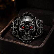 1pc Skull Cross Ring, Unisex Gothic Style Red Eye Skull Ring, Vintage Cross Pattern, Halloween Cosplay Streetwear Party Accessory Gift - Gun Black - View 6
