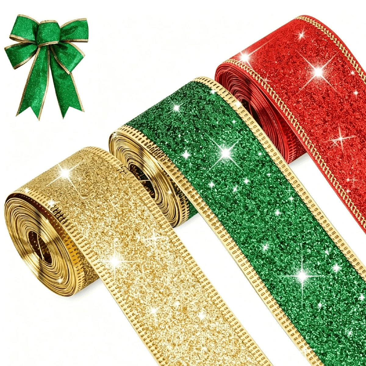 1/2/3 Rolls Classic Christmas Glitter Metallic Ribbon, 1.5 Inch Wide Multi-Purpose Holiday Craft Ribbon, Suitable For Christmas Holiday Decoration, Christmas Tree Decoration, Christmas Gift Wrapping And Christmas Bow Wreath Making (197 Inches Long) - Multicolor - View 1
