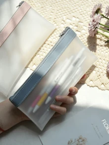 1pc Cute Frosted Translucent Pencil Case, Student Zipper Pencil Pouch, Stationery Bag, Back-To-School Essential - Transparent Pencil Case - View 3