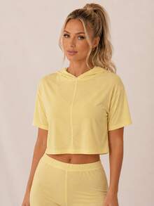 Sodalemon Women's Solid Color Hooded Deep U-Neck Backless Hollow-Out Drop Shoulder Drop Shoulder Short Home Cover-Up Top - Yellow - View 6