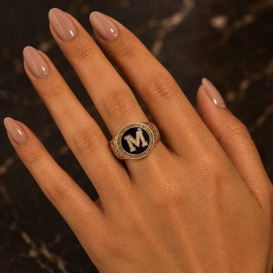 1pc Vintage Copper Color Black Enamel Letter M Stamp Ring Men's Jewelry