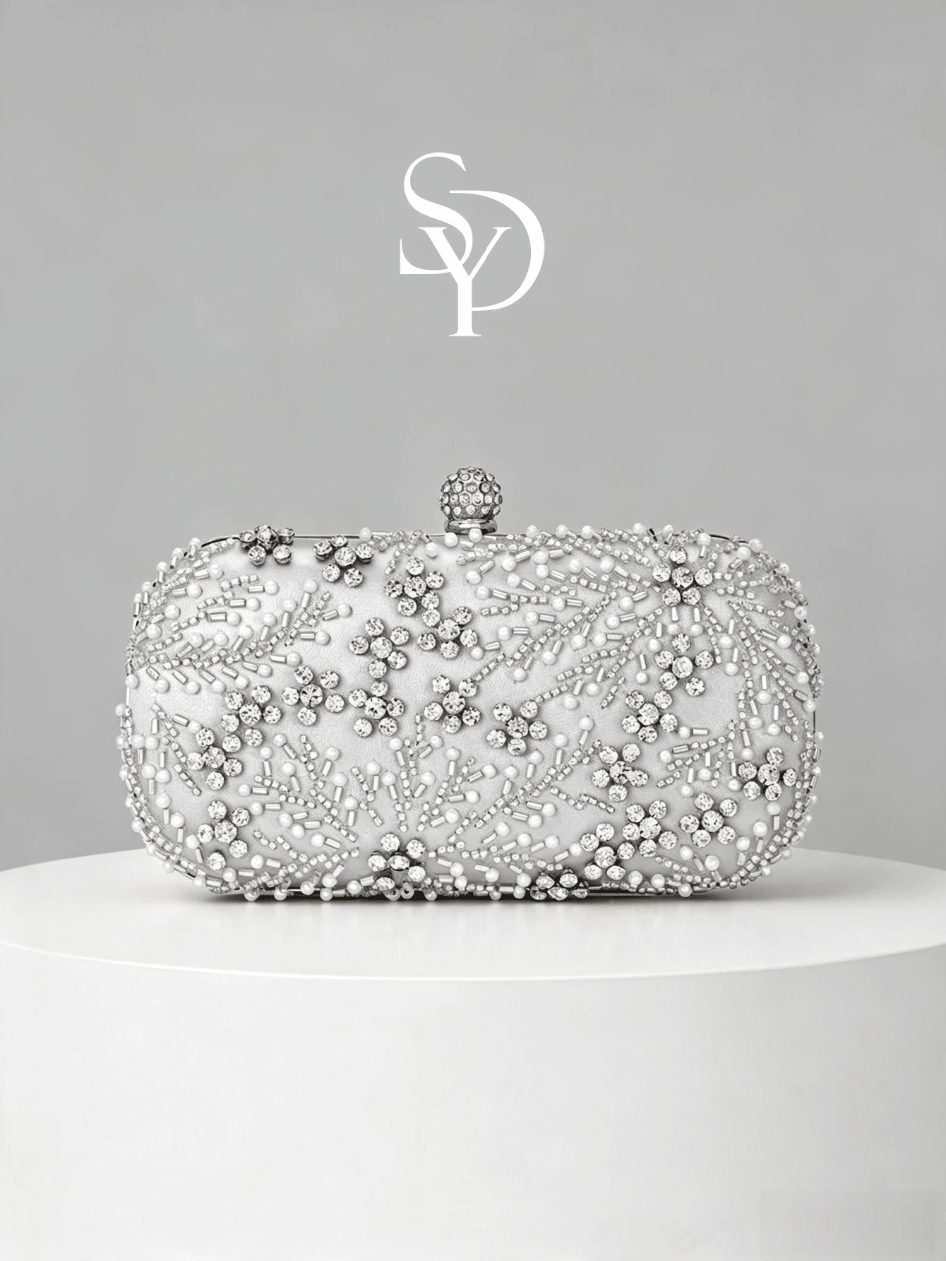 1pc Silver Beaded Evening Clutch, Silver White Pearl Rhinestone Woven Pattern, Spherical Full Rhinestone Lock, Hard Shell Box Body, With Detachable Chain, Evening Party Wedding Dress Matching Clutch - Silver - View 1